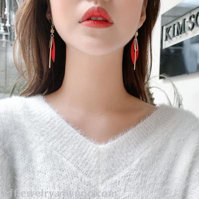 Internet Hot New Trendy Red Earrings Women's Exaggerated and Personalized Trendy Long Personalized Leaves New Year Ear Studs Earrings