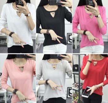 Long-sleeved lady's blouse with solid color hollowed-out v-neck students' blouse autumn/winter T-shirt