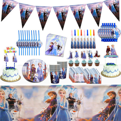 Frozen - themed princess aisha Ann 's birthday party scene decorated with tablecloths paper cutlery hat