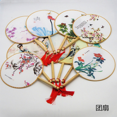 Boutique Ancient Style Temple Fan Circular Fan Chinese Style Fan Maid Fan Wooden Handle Cloth Fan Hanfu Hot Sale at Scenic Spot round Fan Wholesale