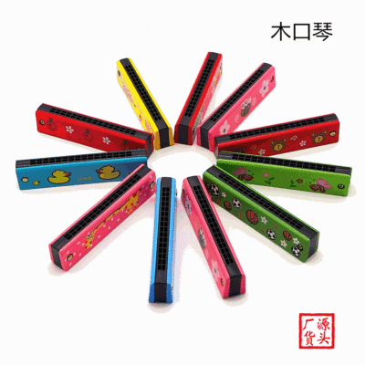 Factory Direct Sales Wooden Harmonica Cartoon Painted Small Harmonica Environmentally Friendly Wooden Harmonica Children's Playing Musical Instruments Wholesale