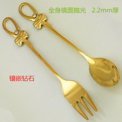 Fashion Bowknot Coffee Spoon and Fork Set Inlaid Diamond Stainless Steel Mirror Light Gold Dessert Spoon 3 Finger Fork 80