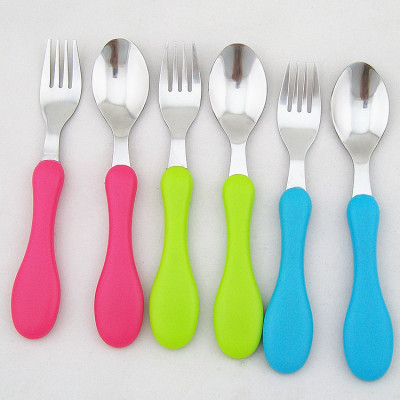 Stainless Steel Children Spoon Fork Set Rubber Handle Environmental Protection Tableware Creative Mirror Light Spoon Fork Factory Direct Sales