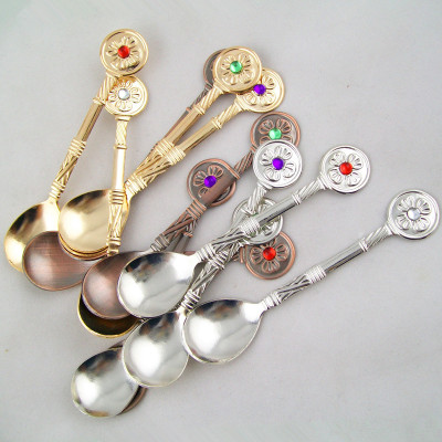 Stainless Steel Spoon Direct Selling Retro Coffee Spoon Tableware New Creative Inlaid Gem Gold and Silver Color Ice Cream Spoon