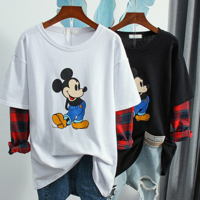 Real shoot for new spring 2020 fashion faux two collated plaid sleeved shirt Mickey Mouse print T-shirt long-sleeved woman