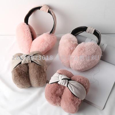 New winter corduroy striped bow insulation rex rabbit fur folding band earmuffs