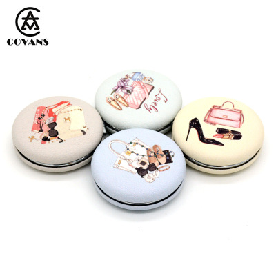 Each PU leather Digital printed Macaron biscuit shape gift travel souvenir small make-up mirror to customize
