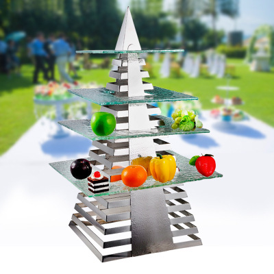 Stainless Steel Pyramid-Shaped Hammer Printing Shelf Glass Fruit Dim Sum Rack Buffet Tea Break Western Food Cold Meal Display Stand