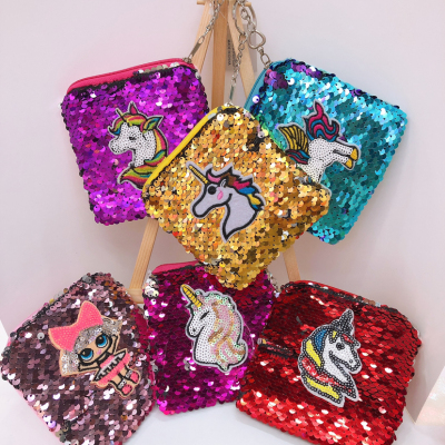 Patch sequins small square bag zero Wallet mini Cute Key chain Pendant Bag Unicorn