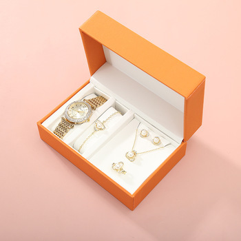 Drop shipping valentines day gift wooden box women watch with bracelet bridesmaid jewelry 5 pcs gift set