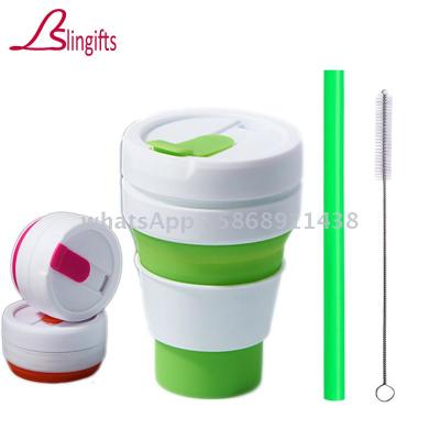 Folding Silicone Cup Travel Portable Water Cup Drinking Collapsible Coffee Mugs with Straw Brush