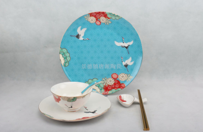 Newlyweds double tableware ipads China tableware ceramic bowl ceramic plate wedding with flower prosperity tableware