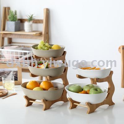 Ceramic fruit tray Japanese creative modern home Nordic simple double layer candy tray bamboo fruit stand