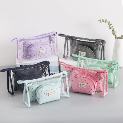 Factory Direct Sales Transparent PVC Cosmetic Bag Three-Piece Crown Girl Wash Bag Portable Cosmetics Storage Set