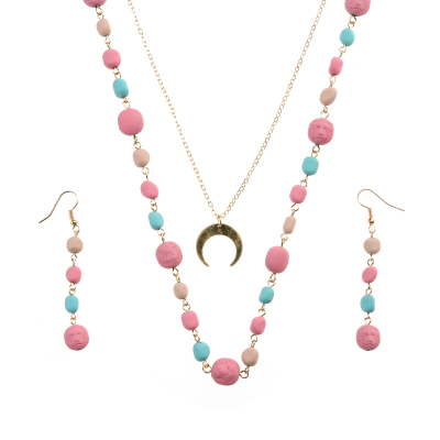 New Trending Jewelry Enamel Pink Beaded Necklace With Moon Charm 