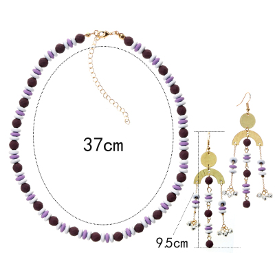Matte Purple Flat Tile Bead Necklace And Metal Tassel Necklace Set For Women