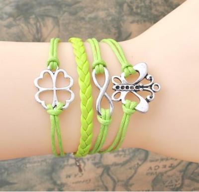 Ancient silver hollow four-leaf clover small eight figure bow piece of green hand rope bracelet