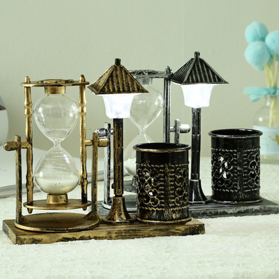 Creative antique street lamp pen holder students gift white hourglass changing color small night light