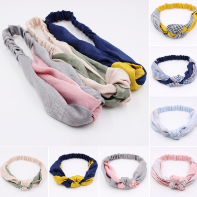 Korean version thousand bird case Mosaic Chinese knot wide edge cross hair band retro middle knot head band contrast color hair band hair band