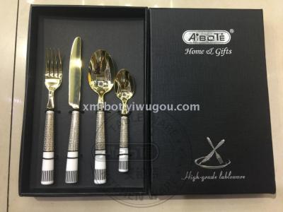4 sets of stainless steel tableware with ceramic handle for cross-border e-commerce