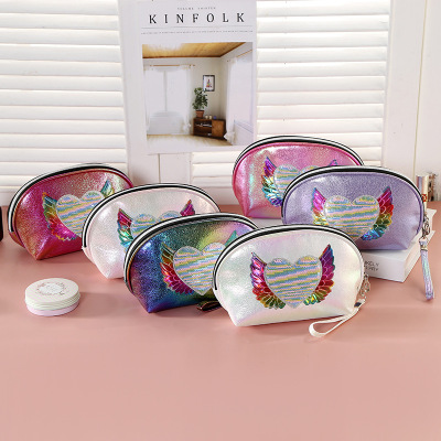 INS Sweet Girl Laser Semicircle Storage Bag Female Cosmetic Bag Angel Wings Clutch Bag Large Capacity Pencil Case