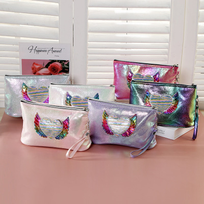 INS New Sweet Girl Laser Bottom Plate Storage Bag Angel Wings Pattern Female Portable Cosmetic Bag Wholesale