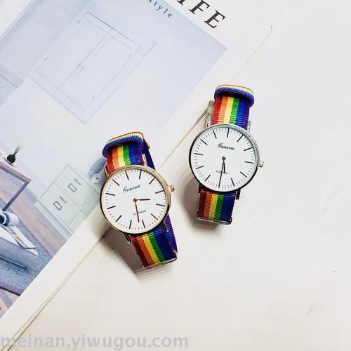 New Rainbow Woven Belt Preppy Style Ultra-Thin Double Joint Needle Men‘s and Women‘s Quartz Watch