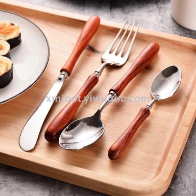 Creative wooden handle knife fork spoon western food three-piece set of 304 stainless steel steak knife and fork set