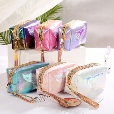 New Pu Laser Cosmetic Bag Creative Fishtail Portable Portable Large Capacity Storage Bag Hand-Held Colorful Wash Bag