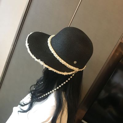 Summer duck tongue straw hat pearl chain ladies British top hat outing sun hat Korean version of the beach sun hat tide