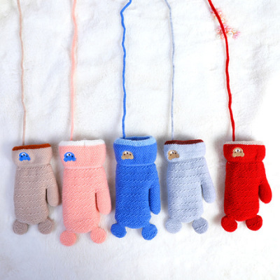 Winter Boys' and Girls' Full Finger Thermal Gloves Child Thickened Fleece-Lined Baby Knitted Wool Children's Bags Finger Gloves