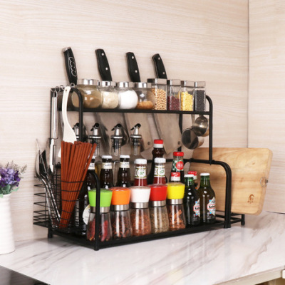 On the Kitchen shelf, double black multi-functional counters rack three layers of cutlery indifferent rack