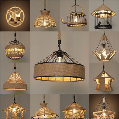 Hemp Knited Metal Frame Pendant Chandelier Hanging Lamp Fixtures for Dining Room Kitchen Hallway 