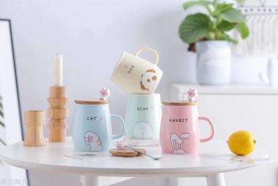 Veg cute animal cup cat claw spoon wooden cover ceramic cup student family mug coffee cup (60 / case)