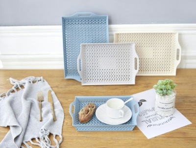 H01-1286 Creative Rectangle Portable Rattan Pattern Storage Tray Storage Basket Plastic Household Daily Necessities