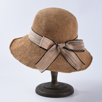 Big foldable eaves sun block beach hat straw hat woman spring/summer 2019 bowknot fine paper grass hand hook sun hat