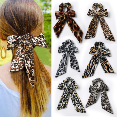 New European-american cross-border hair velvet Cloth Leopard Print Knot Ribbon large bow large intestine hair ring C61