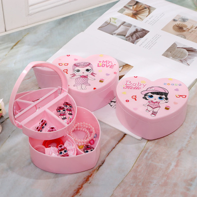 New Children's Doll Cute Jewelry Heart-Shaped Cosmetic Box Double-Layer Jewelry Hair Accessories Toy Sundries Storage Set