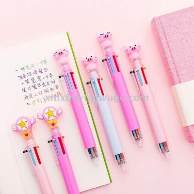 Creative Cartoon Animal Ballpoint Pen Six-Color Girl Heart Learning Gift Advertising Plastic Multi-Function Push Signature Pen