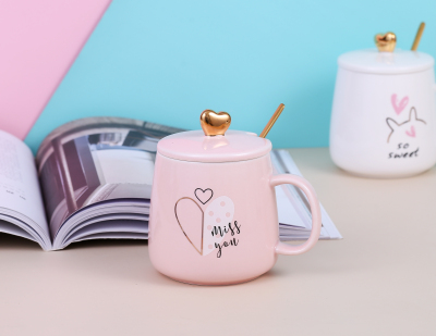 Cute Heart Ceramic Cup Super Cute Cartoon Love Mug Home Office Creative Girlfriends Water Cup with Lid