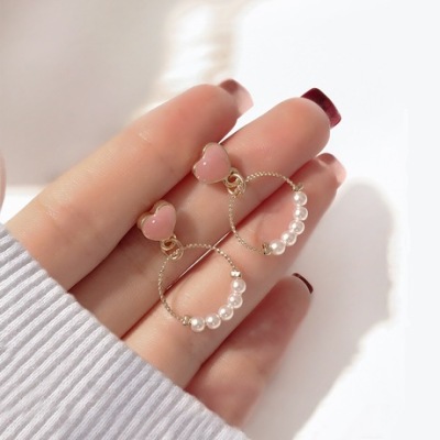 S925 Sterling Silver Needle Peach Heart Dripping Stud Earrings Women's Graceful Geometric Circle and Pearl Earrings Pink Earrings