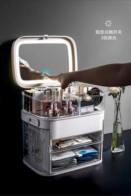 Web celebrity cosmetics storage box LED lamp dustproof skin care products dresser desktop with mirror lamp jewelry shelf