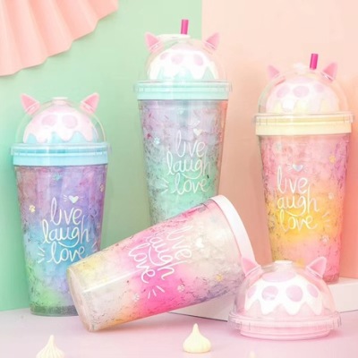 2020 Summer New Ice Cup Wholesale Colorful Cat Ice Cup Cute Girl Cool Cup Gradient Straw Cup