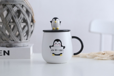 Creative Gift Ceramic Cup Hand Painted Penguin Cartoon Drinking Cup Mug with Lid Custom Logo