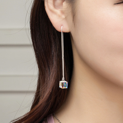 925 Silver Needle Cube Crystal Ear Jewelry Earrings Square Sugar Earrings Square Earrings Manhuini Long Fringed Earring Thread