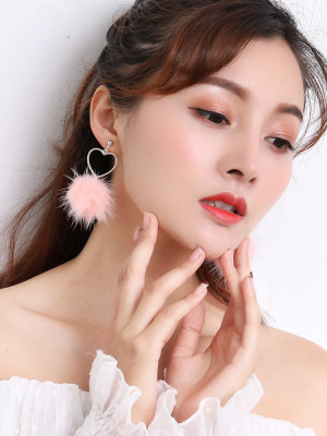 Heart Mink Wool Ball Ear Studs Korean Simple 925 Sterling Silver Hairy Ball Earrings Female Temperament Long Plush Earrings