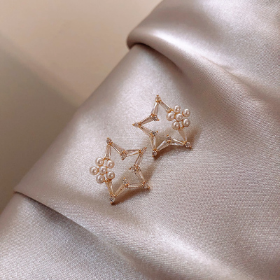 Five-Pointed Star Pearl Stud Earrings Simple Cold Style Petite Earrings Female Sterling Silver Needle Earrings High-Grade Sentong Qin Earrings