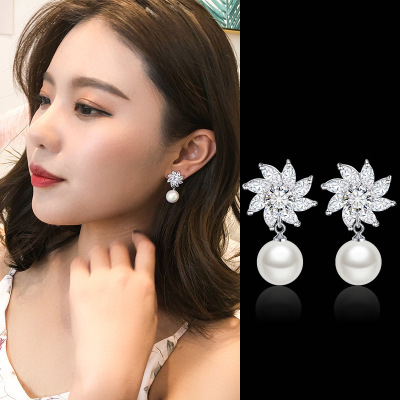 Japanese and Korean Style Pearl Flower Earrings Zircon Super Flash Opal Pendant Earrings Eardrops All-Match Korean Elegant Silver