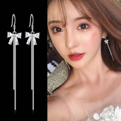 Bow Stud Earrings Female Temperament Korean Simple and Long Tassel Eardrops Cute Fashion Ear Rings Tide Factory Wholesale