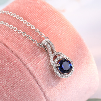 S925 Silver Sapphire Blue Water Drop Clavicle Necklace Simple Temperamental All-Match Pendant Fashion Ornament